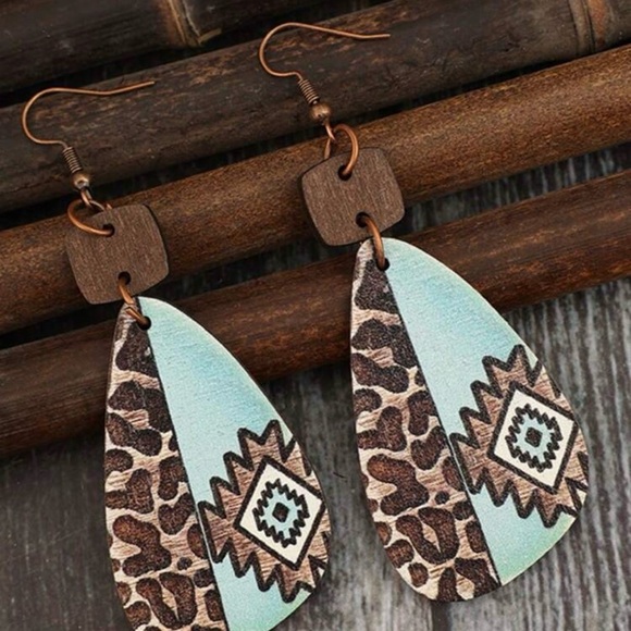 Artisan Blue and Brown Patterned Earrings - Picture 2 of 5